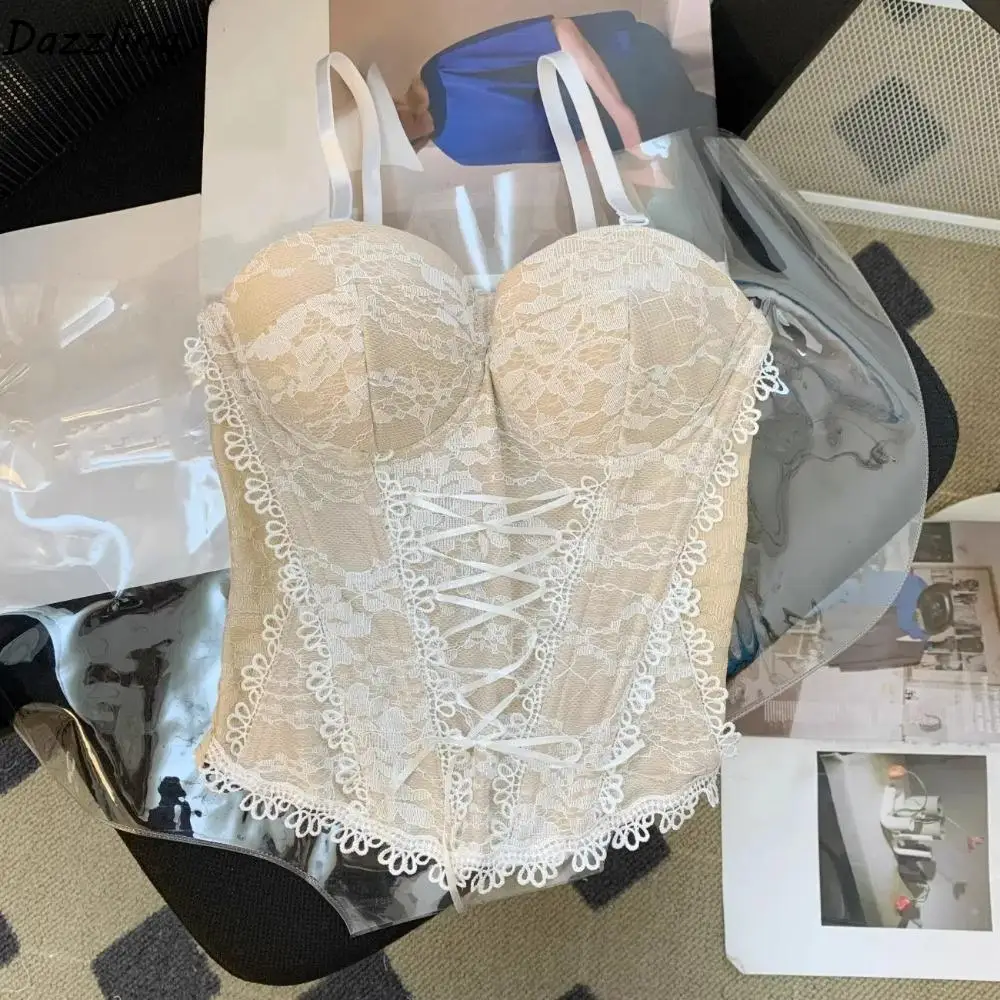 

Spicy Girl Style Hollow Lace Camisole Slim Fit Sleeveless Lace Corset Sweet Streetwear Suspender Vest Spring Summer