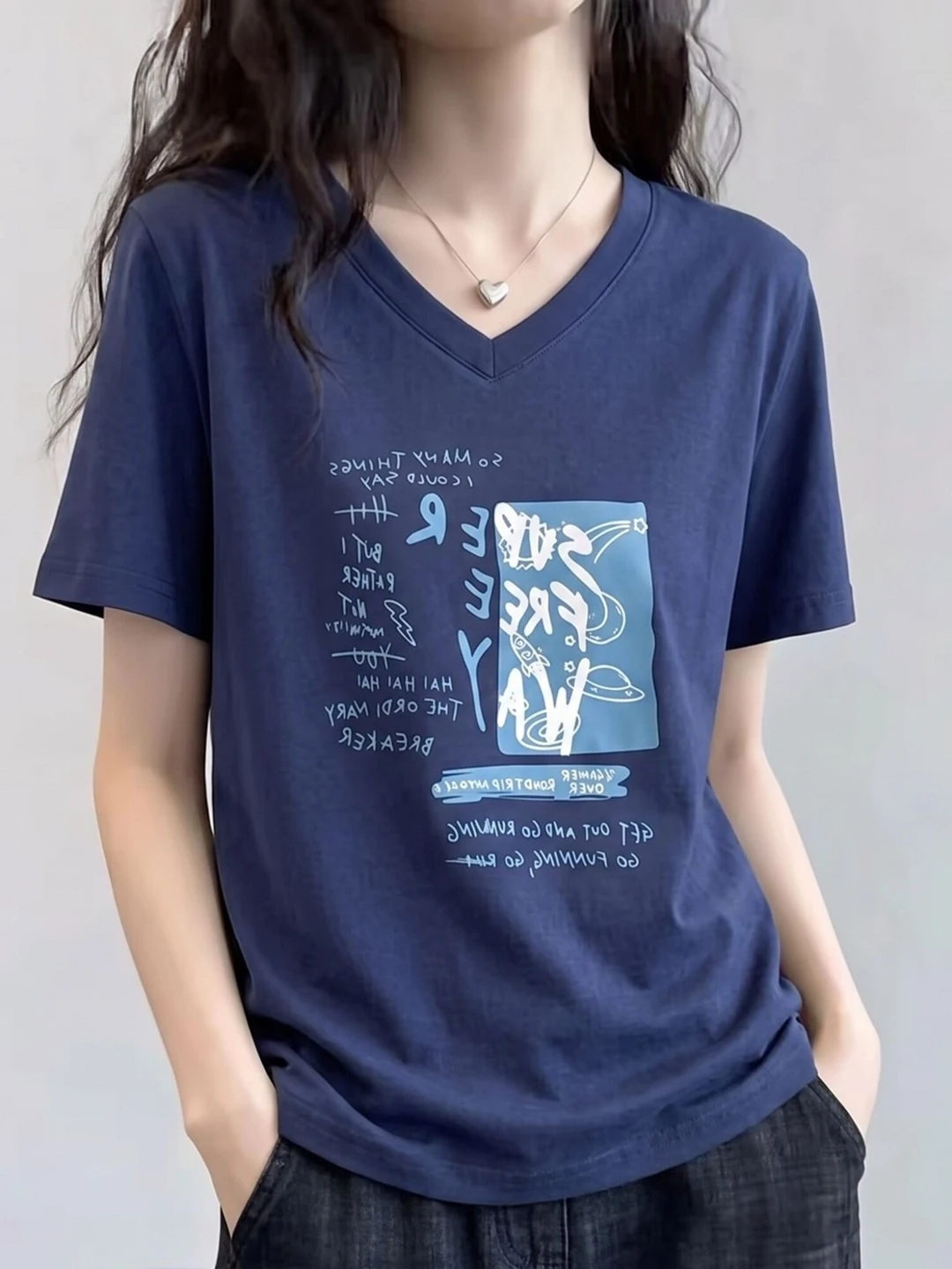 Slimming plus Size Royal Blue V-Neck Short Sleeve T-Shirt Women's Fashionable Versatile Summer Top Korean Style Creative Pattern