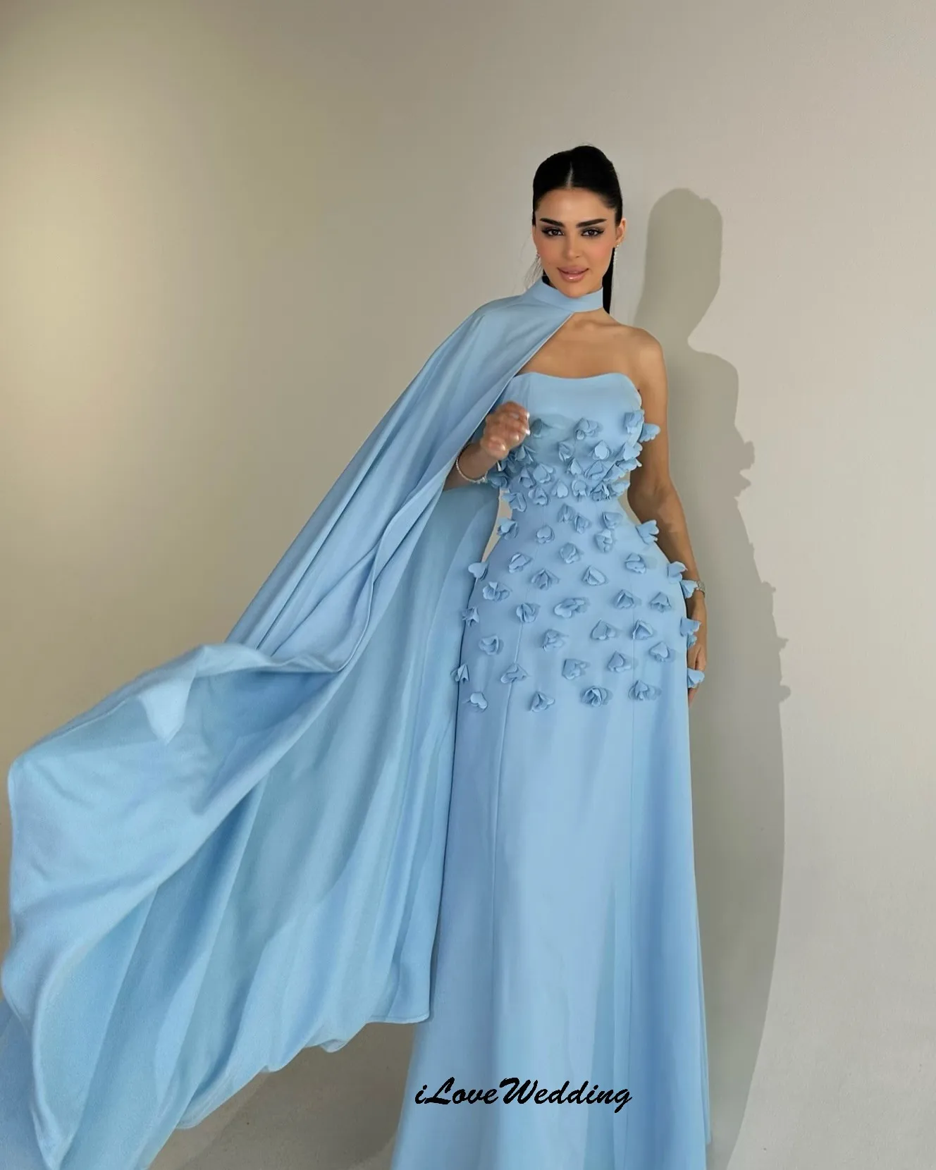 

Customized Strapless Sky Blue Evening Dresses 2025 3d Flower Elegant Wedding Party Dress For Women Guest Formal Gowns Floor Leng