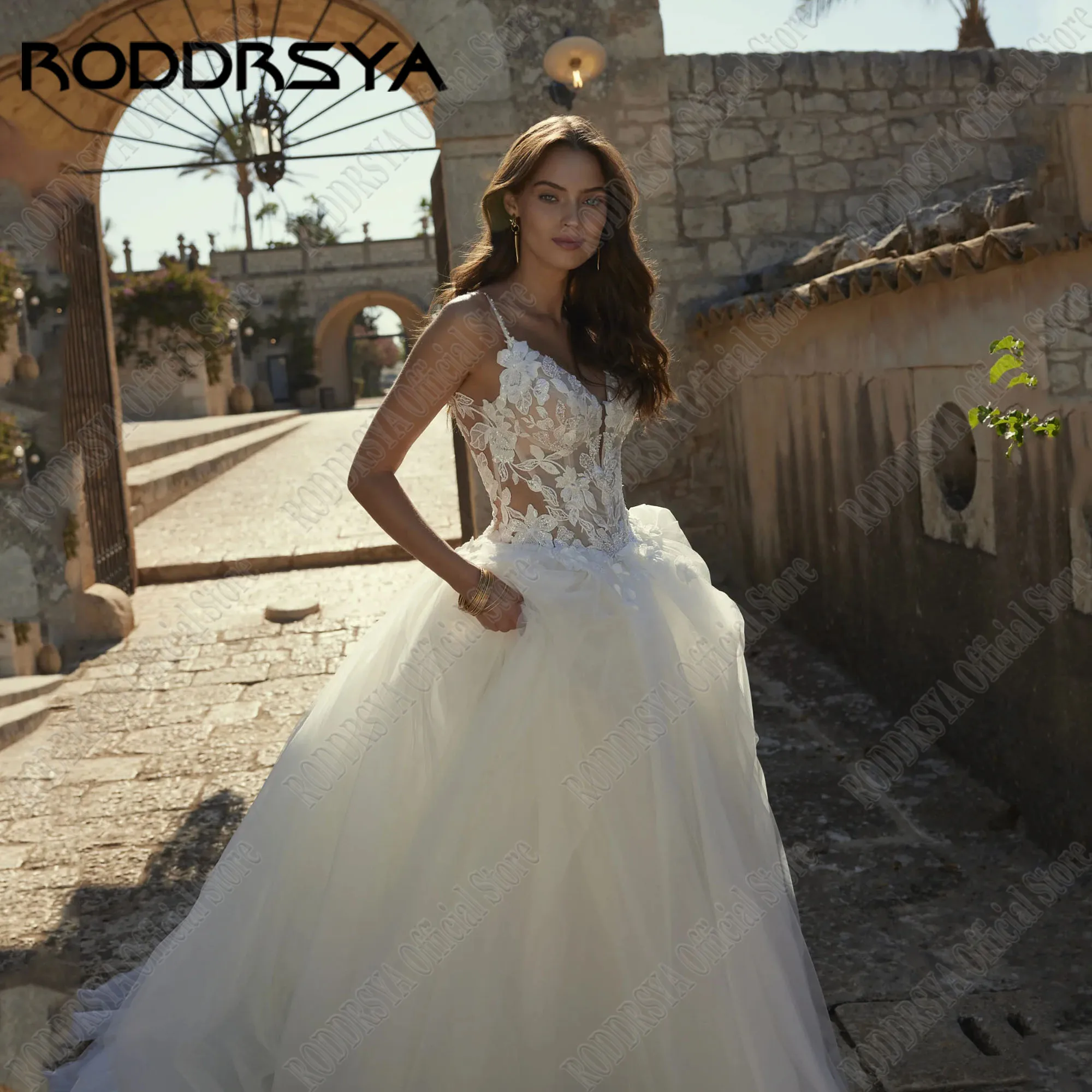 RODDRSYA Backless Boho Wedding Dress 2024 Bride Beading A-Line Spaghetti Straps Vestidos De Novia Applique V-Neck Tulle Custom