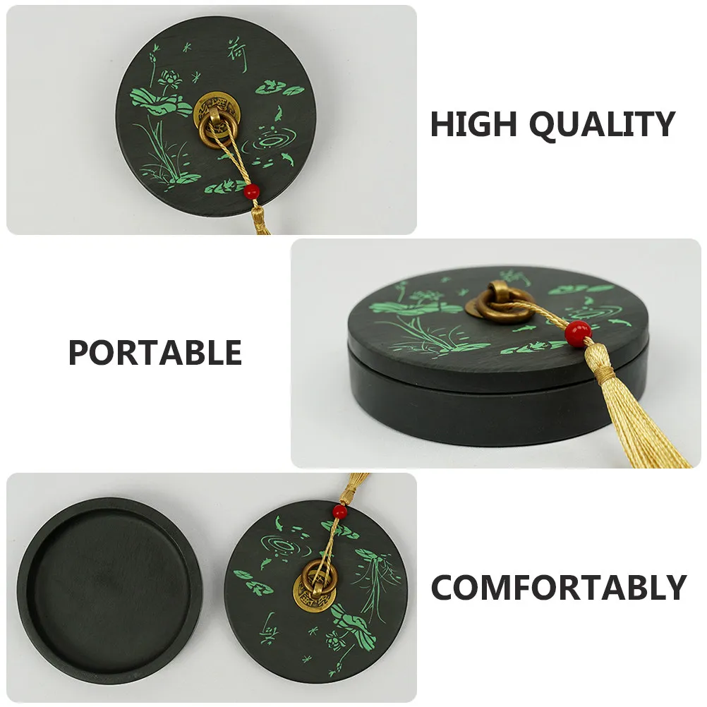 Chinese Calligraphy Inkstone Summer Lotus Pattern Round Ink Grinding Stone Traditional Writing Accessory for Painting Drawing