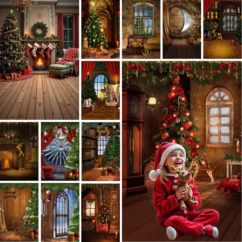 

MOON.QG Vintage Christmas Trees Background Photography Castle Window Balls Backdrop Shooting Photoshoot Wallpaper Photo Studio