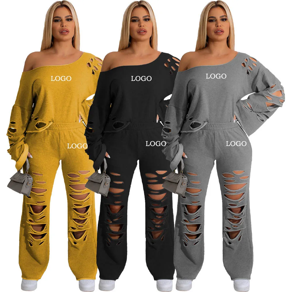 Custom logo women\'s hollowed out and perforated sportswear autumn sportswear jogging women\'s 2-piece set conjuntos para mujeres