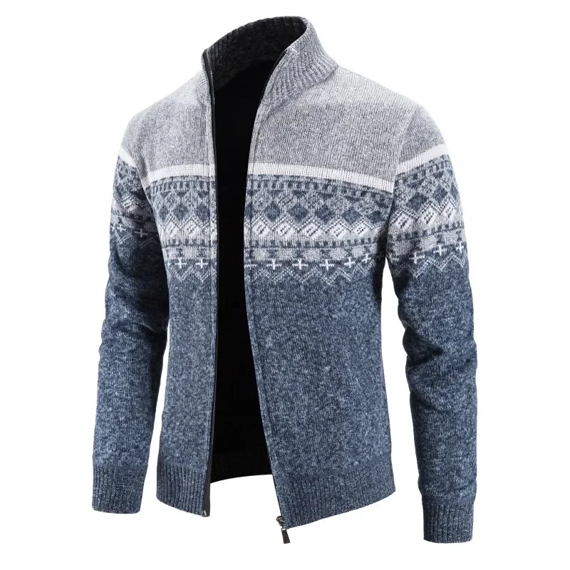 Suéter grueso de terciopelo para hombre, chaqueta informal de moda con cuello levantado, cárdigan degradado, novedad de invierno, 2021