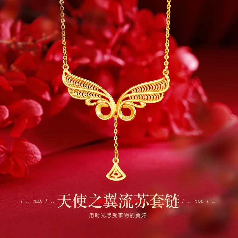 9999 Real Gold 24K Niche Design Sense Gold Hollow Angel Wings Collarbone Necklace Temperament Advanced Sense Necklace Female