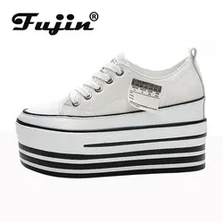 Fujin 8cm Canvas Platform Wedges Vulcanized  High Top Autumn Spring Lace Up Casual Women Chunky Sneakers Ladies Breathable Shoes