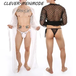 Men Sexy Bathrobe With Thong Long Lace Mesh Belt Transparent Pajamas See Through Long Robe Beachwear Dressing Gown