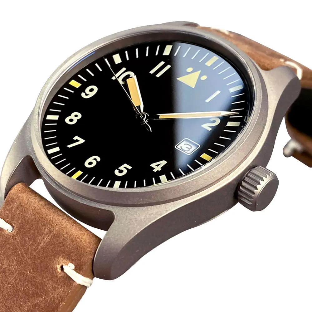 Titanium Pilot Mechanical Watch Men 20bar Waterproof Dive NH35 PT5000 Wristwatch Nologo Swim Clock Date Vintage Yellow Hand 39mm