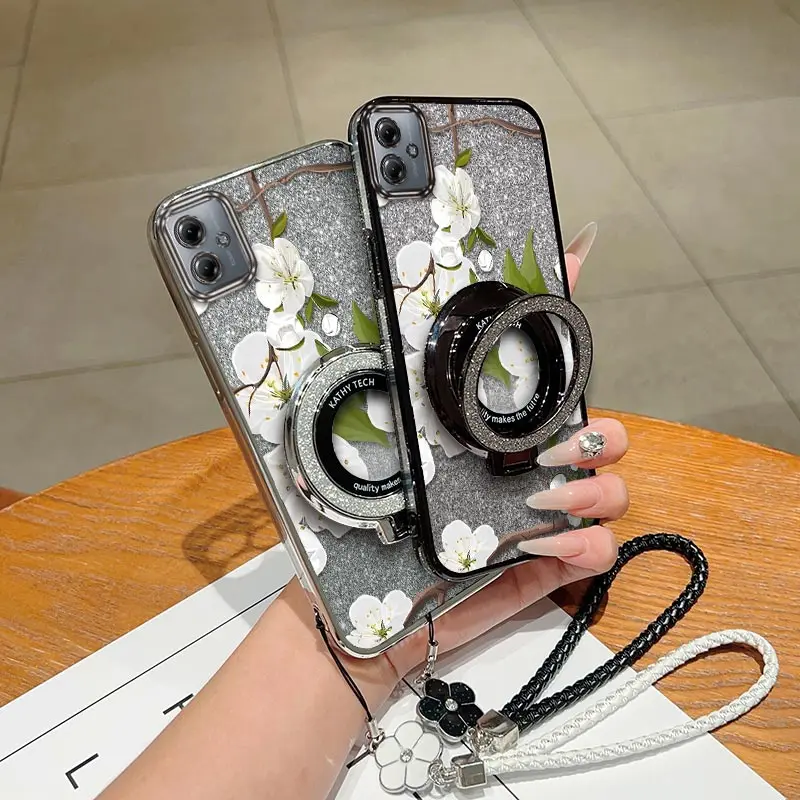 G 54 fiori bianchi placcatura braccialetto supporto cassa del telefono per Motorola G54 G85 G84 G72 G40F G71S G62 G73 G60S G64 G60 G53 G50 copertura