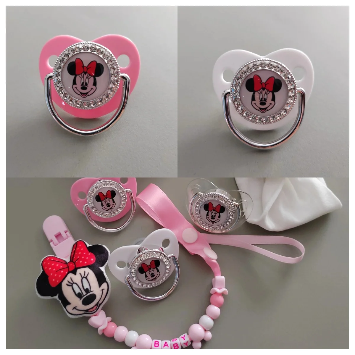 Minnie Mouse Rosa último diseño conjunto princesa encaje chupete bebé verano gorra bebé estampado muñeca a juego verano y otoño antideslizante