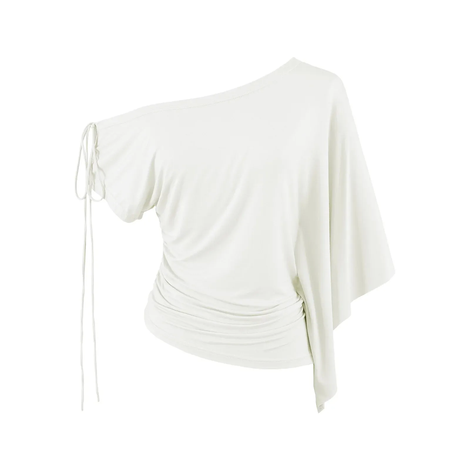 2026 new autumn women's French retro pure lust style pleated slim floating rope lace-up oblique shoulder asymmetric top