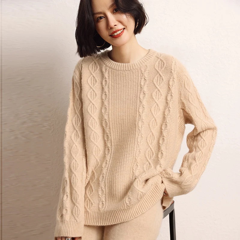 2024 Autumn/Winter  Loose Women O-neck Sweaters 100% Goat Cashmere Knitted Leisure Pullovers Ladies Jumpers Warm Soft Clothes