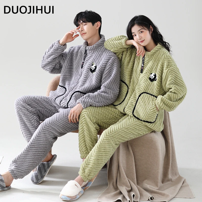 DUOJIHUI New Pure Color Chic Printed Pajamas for Women Winter Classic Zipper Cardigan Loose Pant Basic Simple Female Pajamas Set