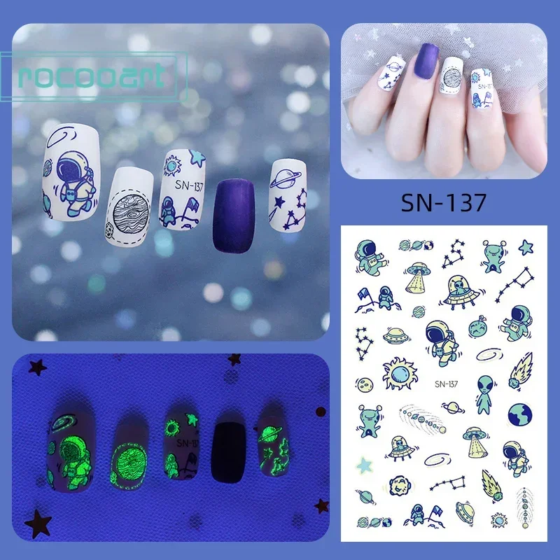 Spaceman Extraterrestrial Nail Art Luminous Night Nail Sticker Outer Space Spaceship  Nail Tattoo Moustache Art For Girls  Boys