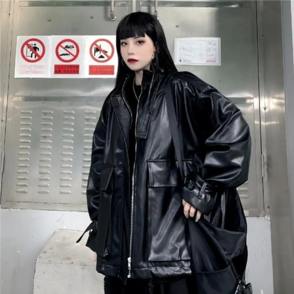 

Retro Hong Kong Style Drawstring Long-Sleeved PU Leather Jacket for Women Korean Spring Fall Loose Versatile Trendy Outerwear