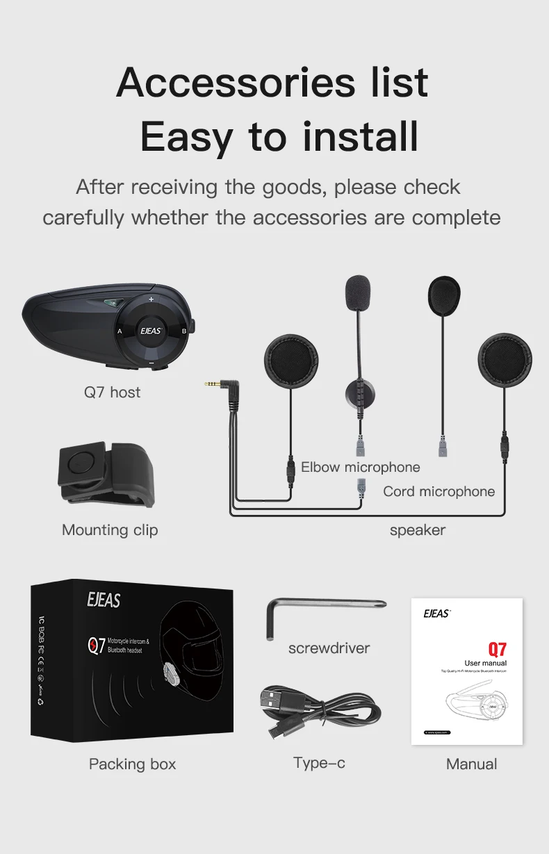 EJEAS Q7 Motorhelm Bluetooth Headset voor 2 rijders Intercom