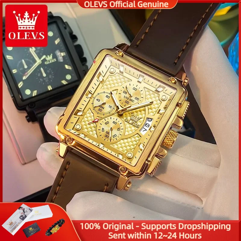 

OLEVS 9925, мужские золотые кварцевые часы, роскошные квадратные водонепроницаемые кожаные многофункциональные оригинальные брендовые спортивные мужские часы с хронографом