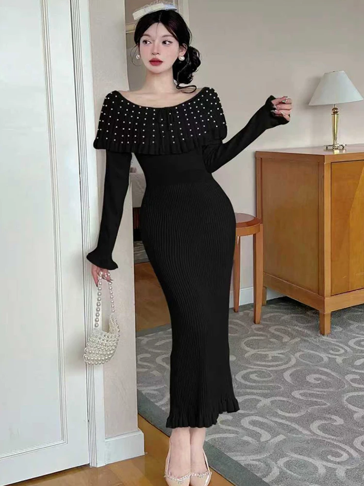 الخريف الشتاء المرأة التفاف فساتين محبوكة الإناث موضة أنيقة حبة الكشكشة كم طويل غمد تريكو مكتب Bodycon فستان