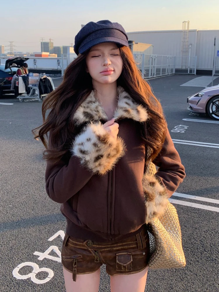 

Leopard Streetwear Zipper Jacket Women Autumn Winter Vintage Long Sleeve Coats Hairy Patchwork Y2K All Match Casual Outwear New