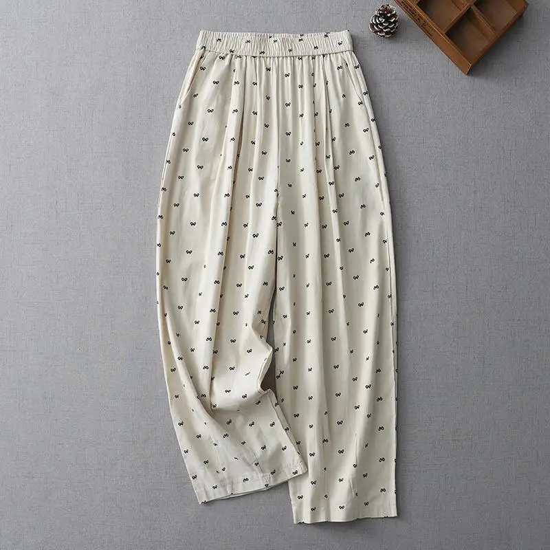 New Arrival 2024 Summer Arts Style Women Elastic Waist Loose Ankle-length Pants Bows Print Casual Cotton Linen Harem Pants