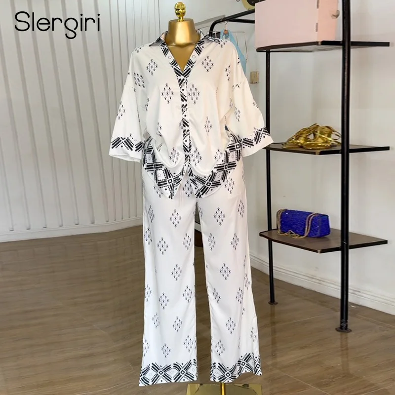 

Slergiri женская свободная рубашка с рукавами 3/4 в этническом стиле и широкие брюки, новинка лета 2025 года, модный повседневный комплект из двух предметов