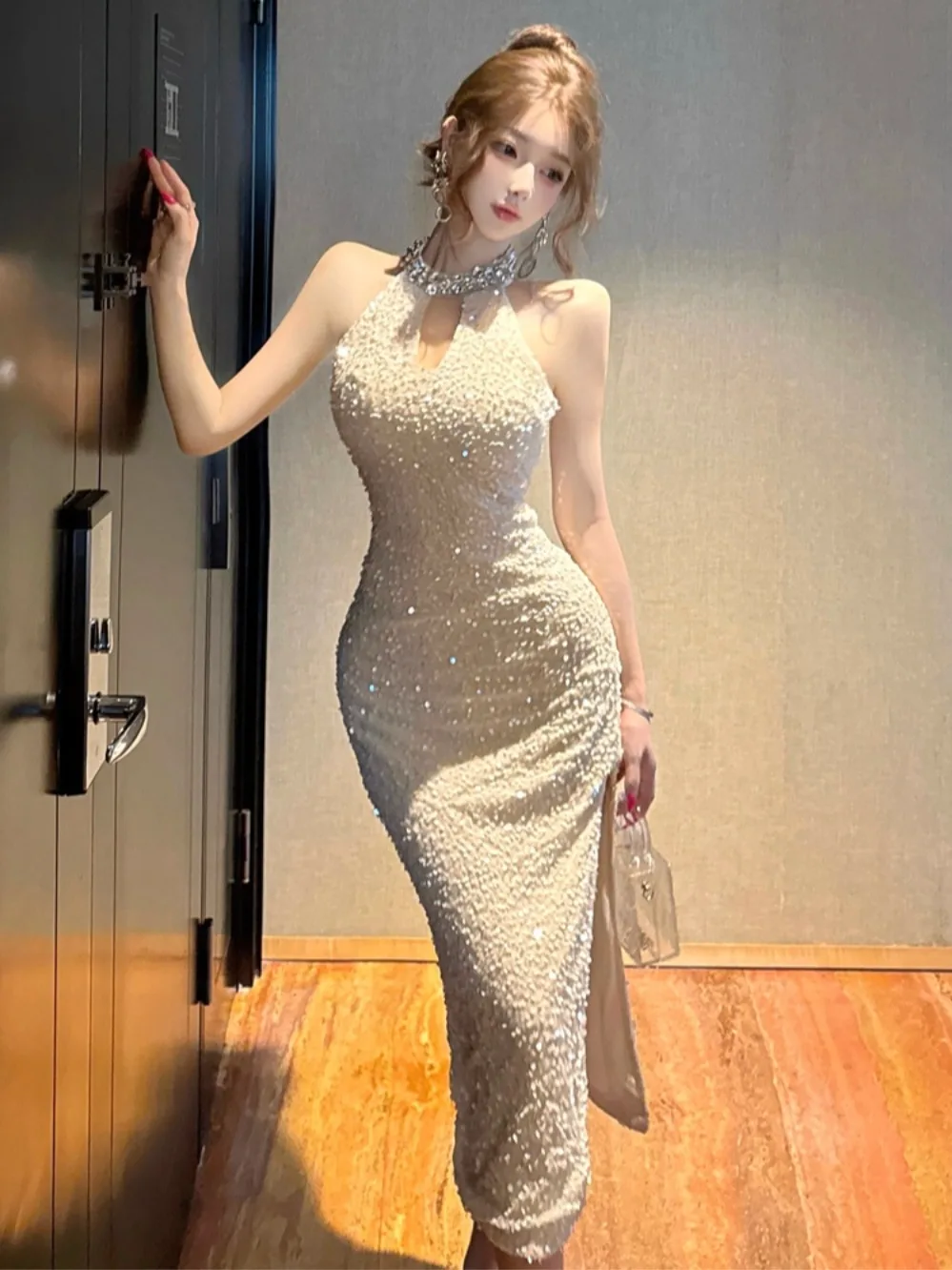 

Сексуальное блестящее вечернее бальное платье с бриллиантами, осенне-зимнее утягивающее платье с высоким разрезом и блестками, юбка