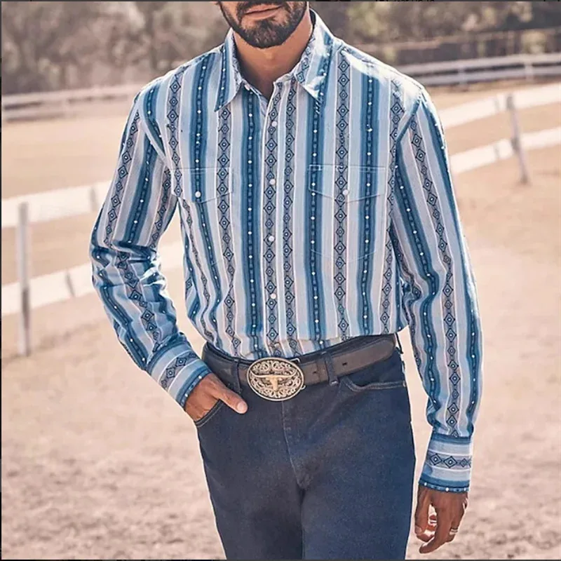 Camicia da uomo alla moda Top a maniche lunghe stampato con catena 3D a righe casual Top da uomo di alta qualità