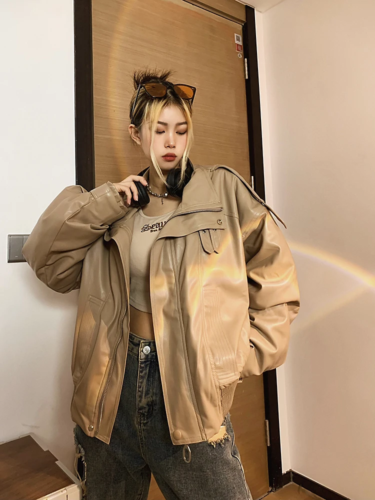 Big Biu Studio Damen Retro Amerikanische Motorradjacke Coole Haome Neutrale Sportjacke für Herbst Winter PU-Leder