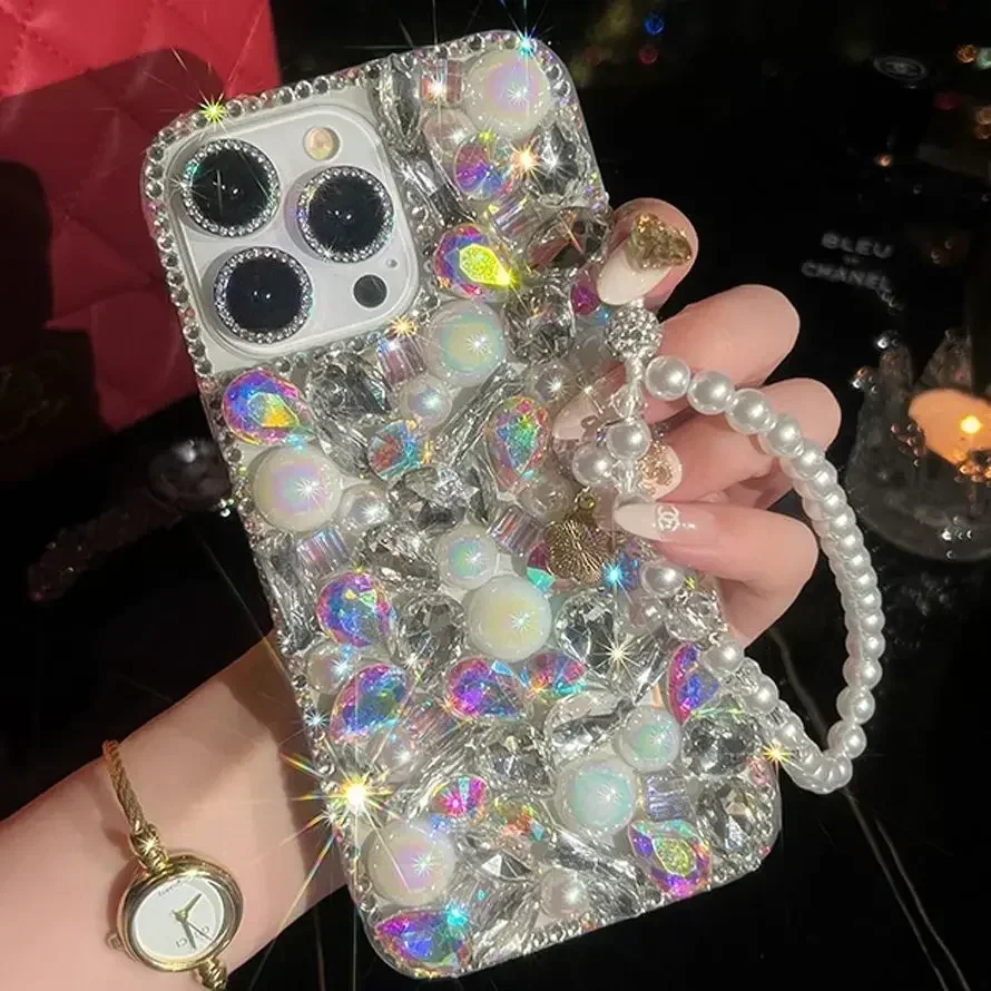 3D Diamond Laser Pearl Crystal Strap Phone Case, Cover for iPhone 16Plus 15Pro, 14Plus, 13 Pro, 12 Mini, 11Pro Max Capa