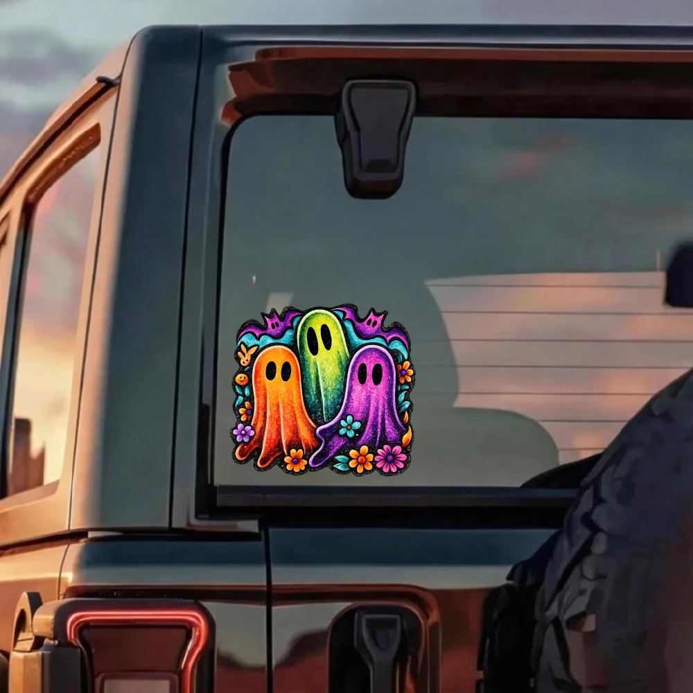 2D Flat 1Pc Colorful Ghost With Flowers Stars Vinyl Sticker, Waterproof Decal for Car Window Bumper Decor, Holiday Gift
