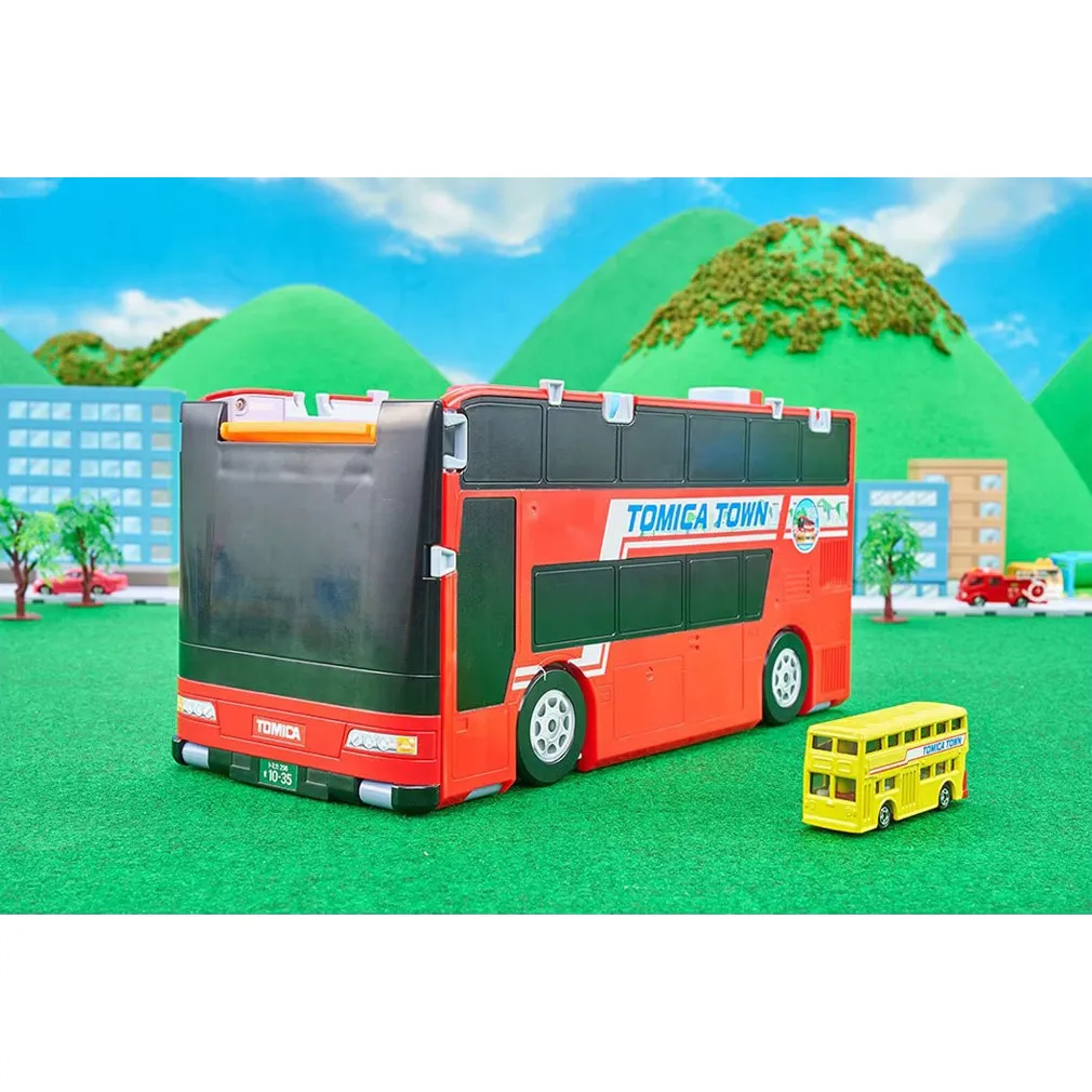 TAKARA TOMY Tomica World Vehicle Town Big Transforming Double Decker Bus Playset With 1 Diecast Car Toy Gift For Kids