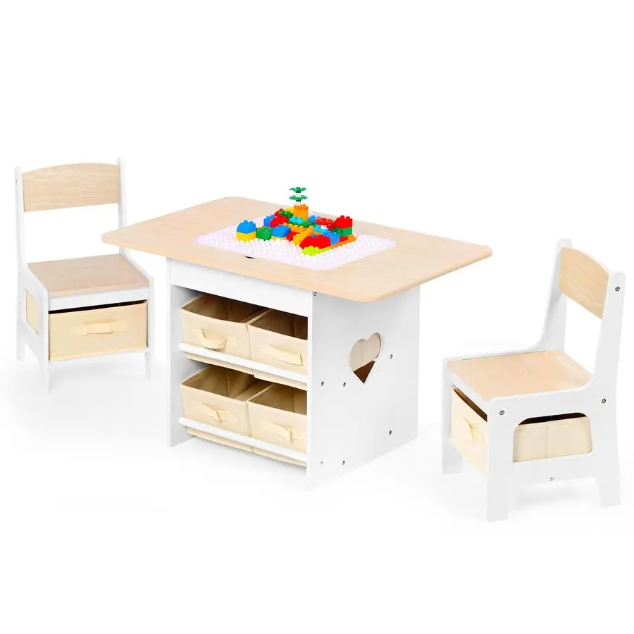 Table and 2 Chairs Set 2in1 Plastic Building BlocksCompatible Activity, with 6 Storage Bins Boxes, Childrens Furniture, Gift for