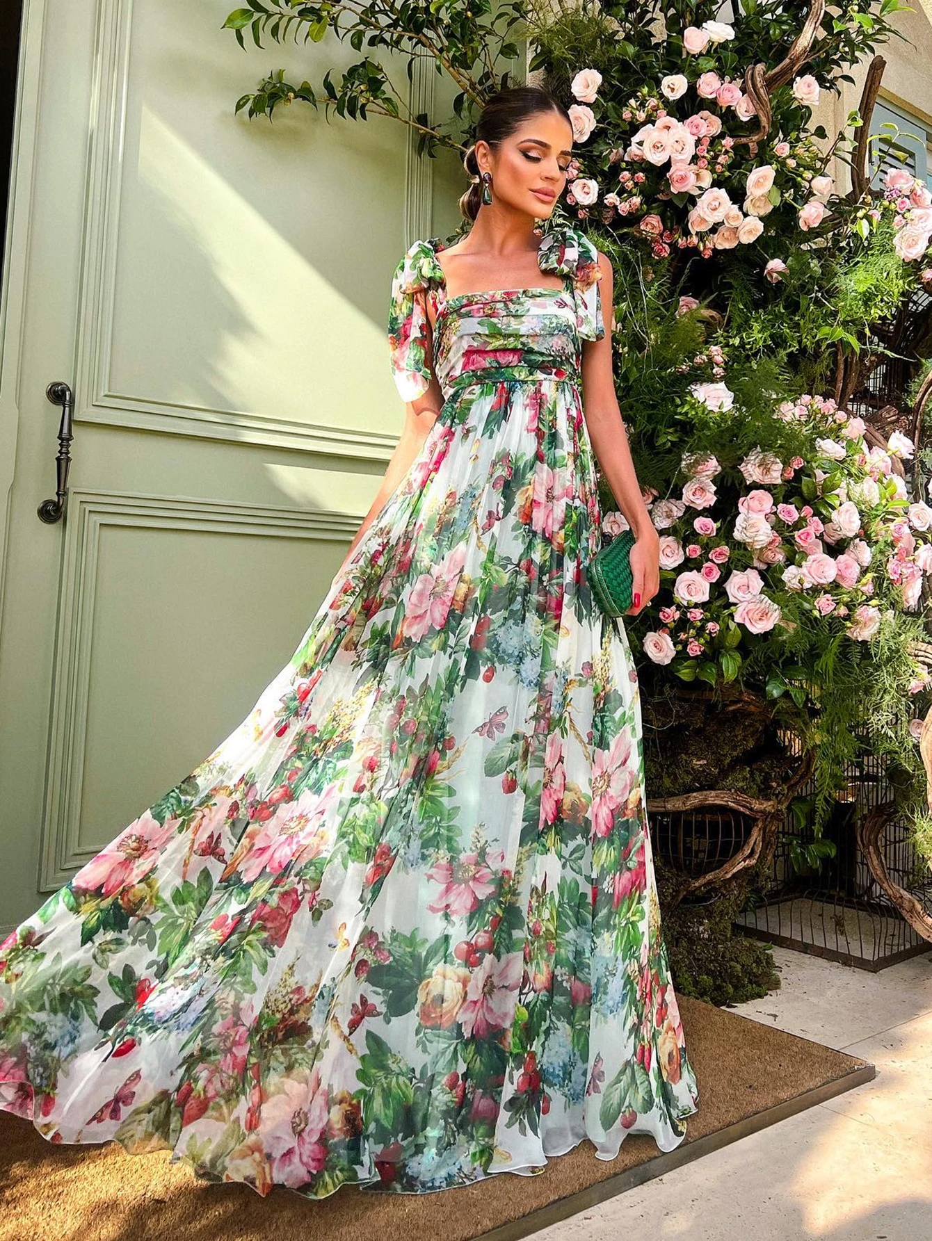 

LD LINDA DELLA 2022 Designer Summer Maxi Dress Women Chiffon Bow-knot shoulder Bohemian Floral print Holiday Elegant Long Dress