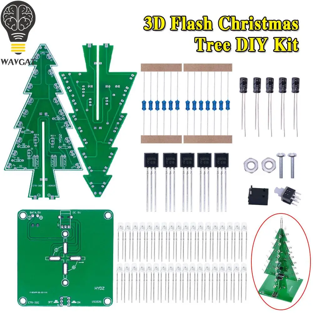 Kit DIY LED pohon Natal 3D tiga dimensi, Kit sirkuit kilat LED RGB merah/hijau/kuning