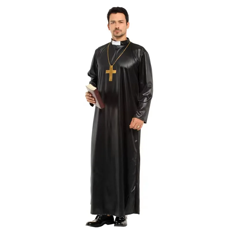 Adults Women Men Nun Virgin Mary Jesus Priest Cosplay Haloween Costumes with Cross Necklace Black Rope Outfit for Masquerade