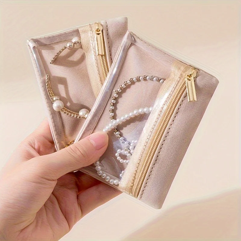 2pcs Elegant Pink Velvet Jewelry Pouch with Golden Zipper - Portable, Sealed Storage Bag for Necklaces, Bracelets, Earrings