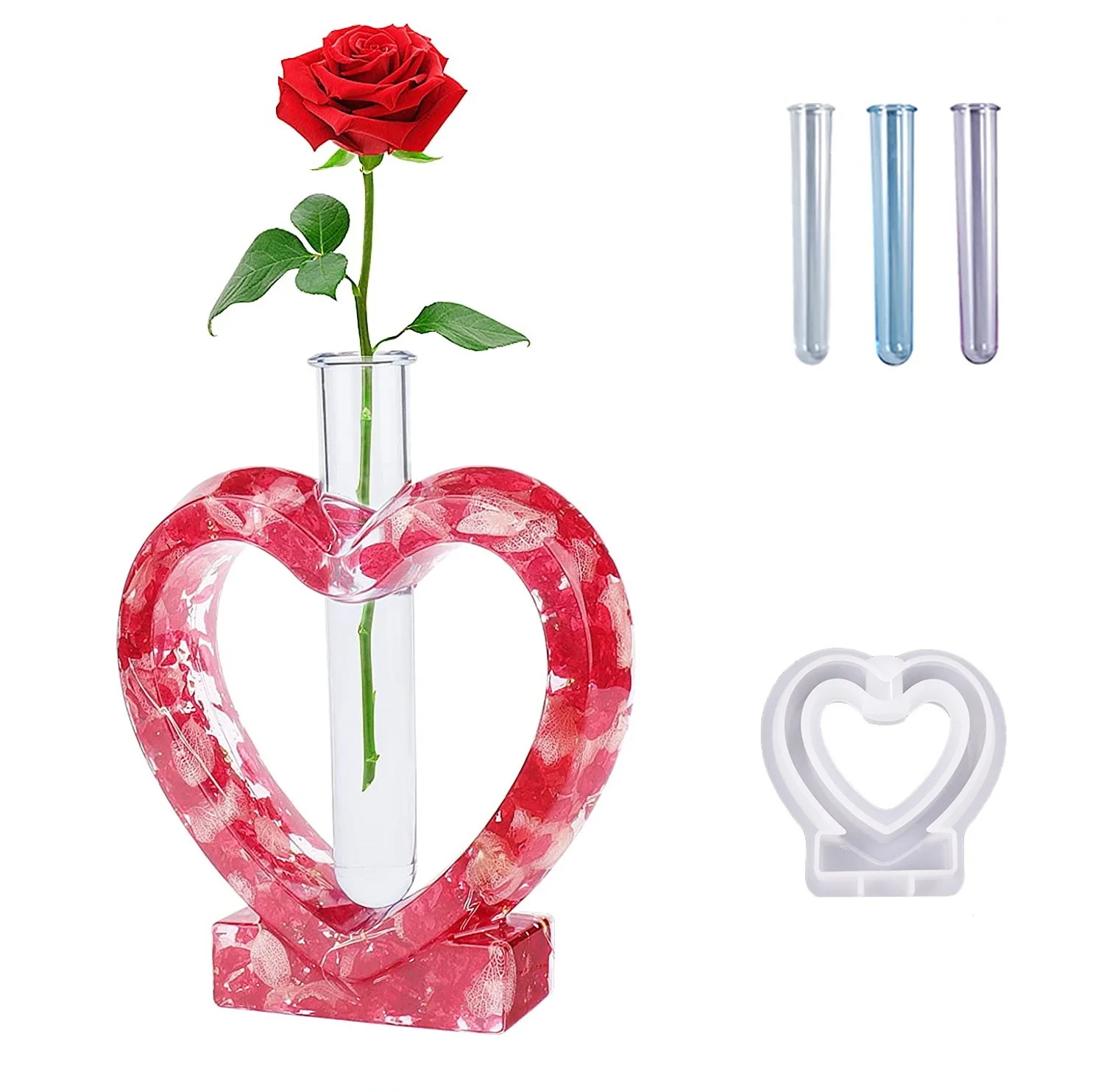 Heart Shaped Epoxy Resin Molds with 3 Test Tubes for Hydroponic, Flower Holder, Home Office Decor, Valentines Day