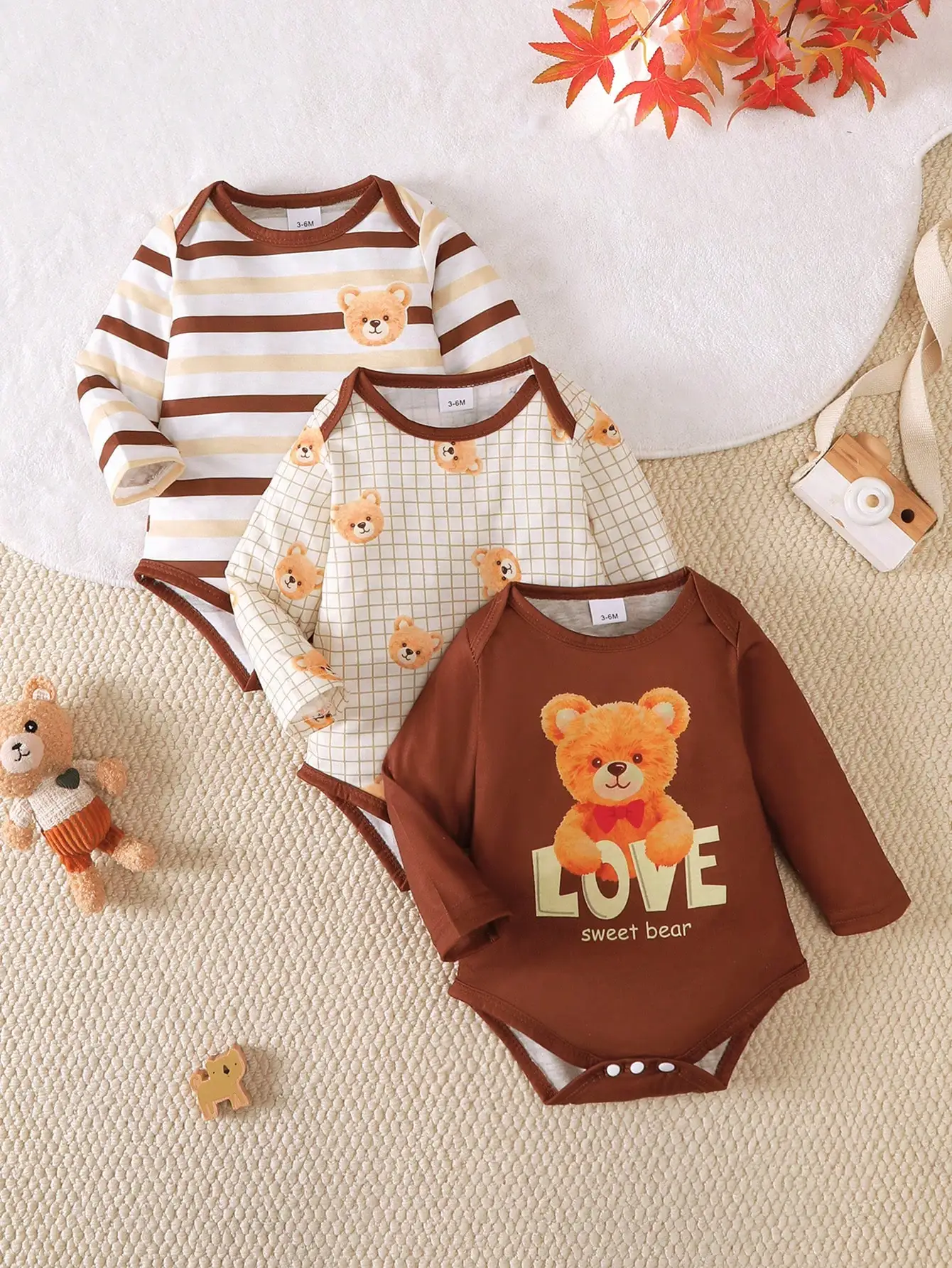 Baby Bear Long-Sleeved Romper Three-Piece Set, Including Striped Bear Style, Plaid Bear Style, and Dark Brown Large Cartoon Bear Style, Suitable for Newborns' Daily Wear and Outings, Versatile Basic Romper Set for Babies in Spring and Autumn.