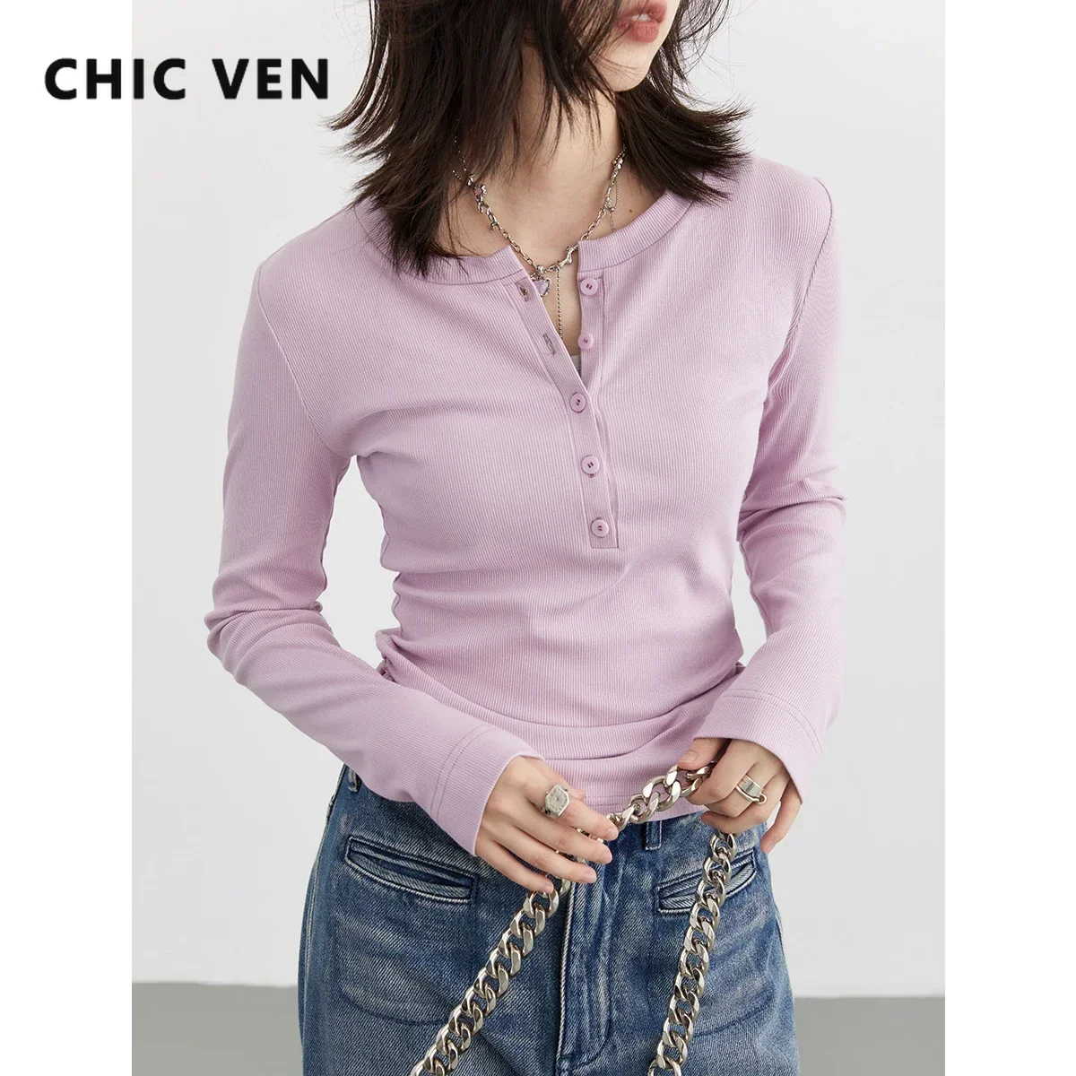 CHIC VEN Women T-Shirts Solid New Half Open Neck Button Long Sleeved Tees Bottom Top Female Clothing Spring Autumn 2023