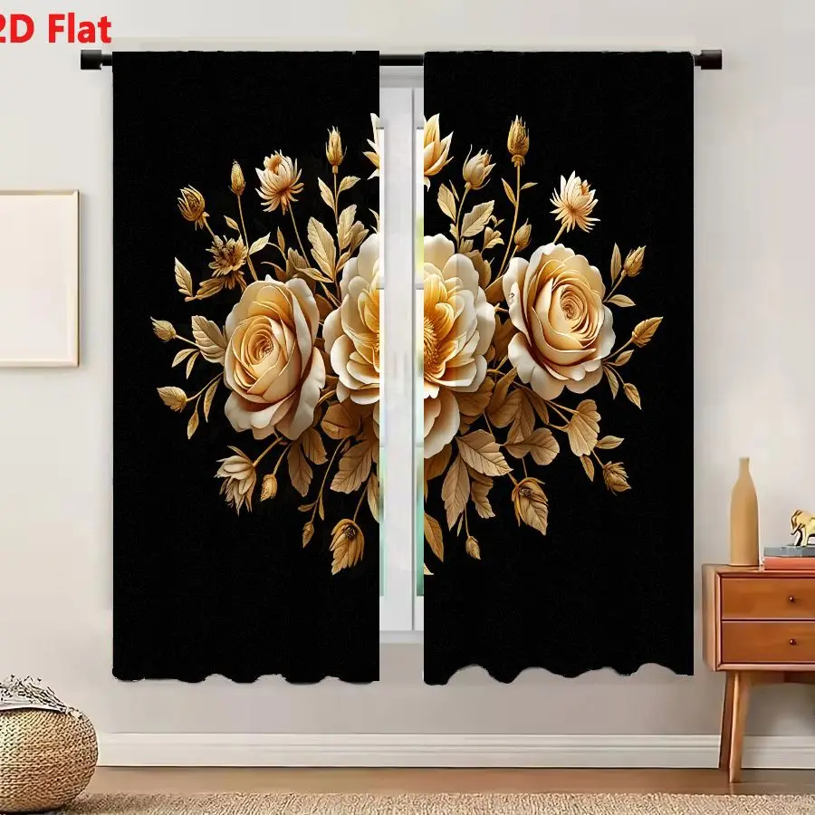 2Pcs Curtains 2D Flat Luxurious Cream And Gold Floral Arrangement With Roses On Black Background Window Drapes for Bedroom Room