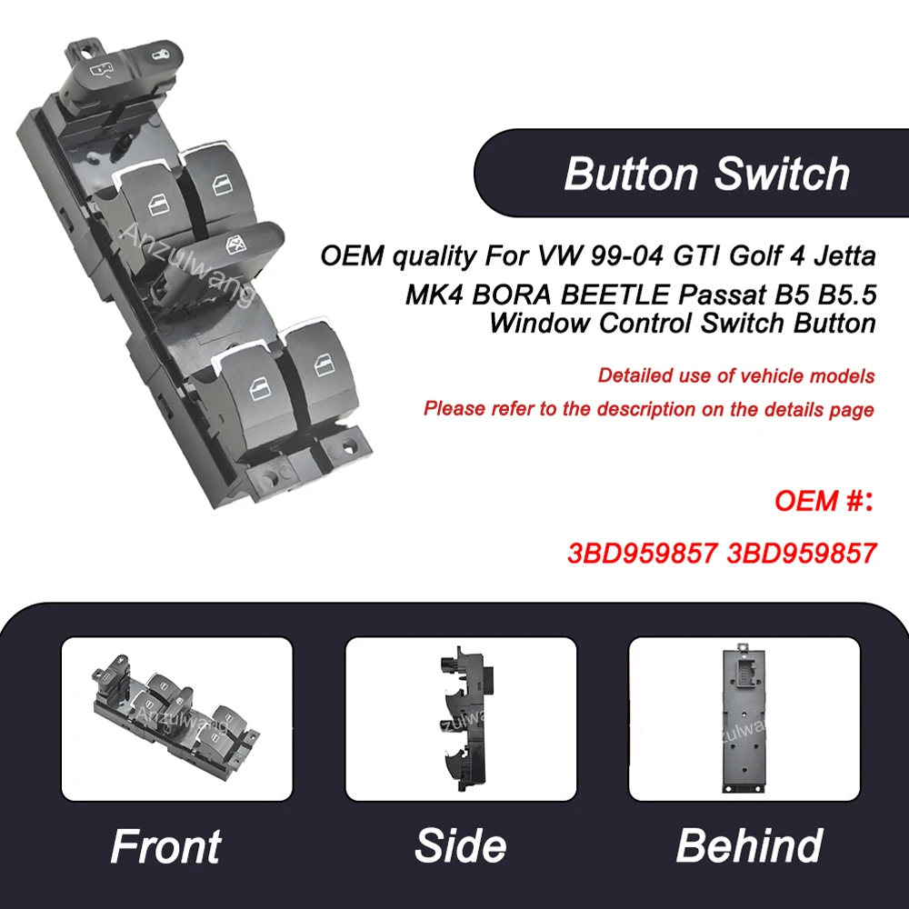 

OEM quality For VW 99-04 GTI Golf 4 Jetta MK4 BORA BEETLE Passat B5 B5.5 Window Control Switch ButtonOEM : 3BD 959 857 3BD959857