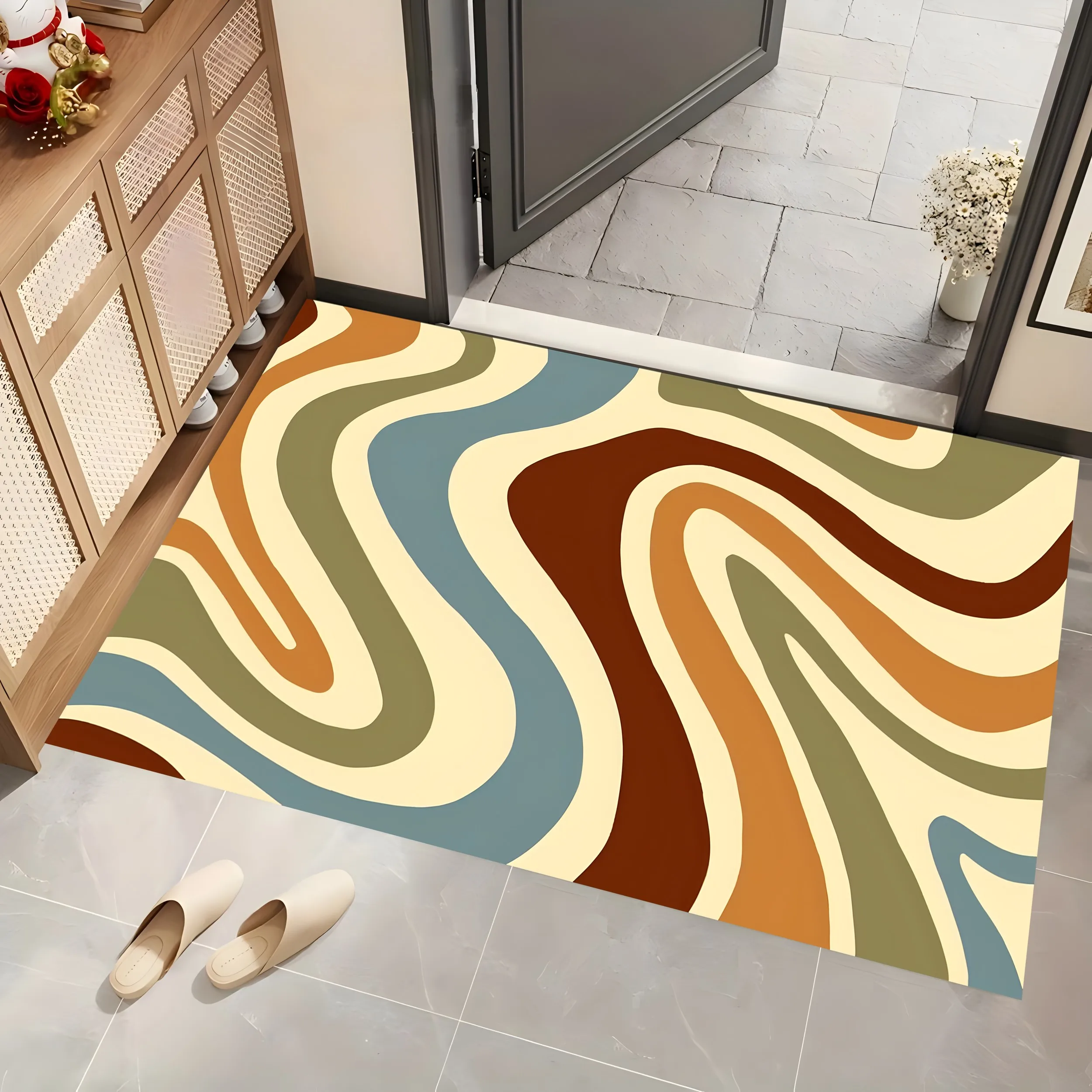 Color-Blocked Flowing Wave Pattern Large Area Rug, Retro-Inspired Style, for Living Room and Bedroom
