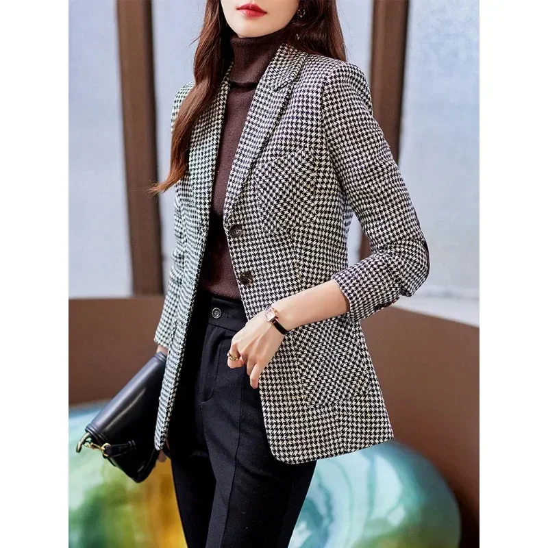 Coffee Gray kotak-kotak Single Breasted Blazer wanita, jaket bisnis Formal wanita kantor musim gugur musim dingin dengan saku