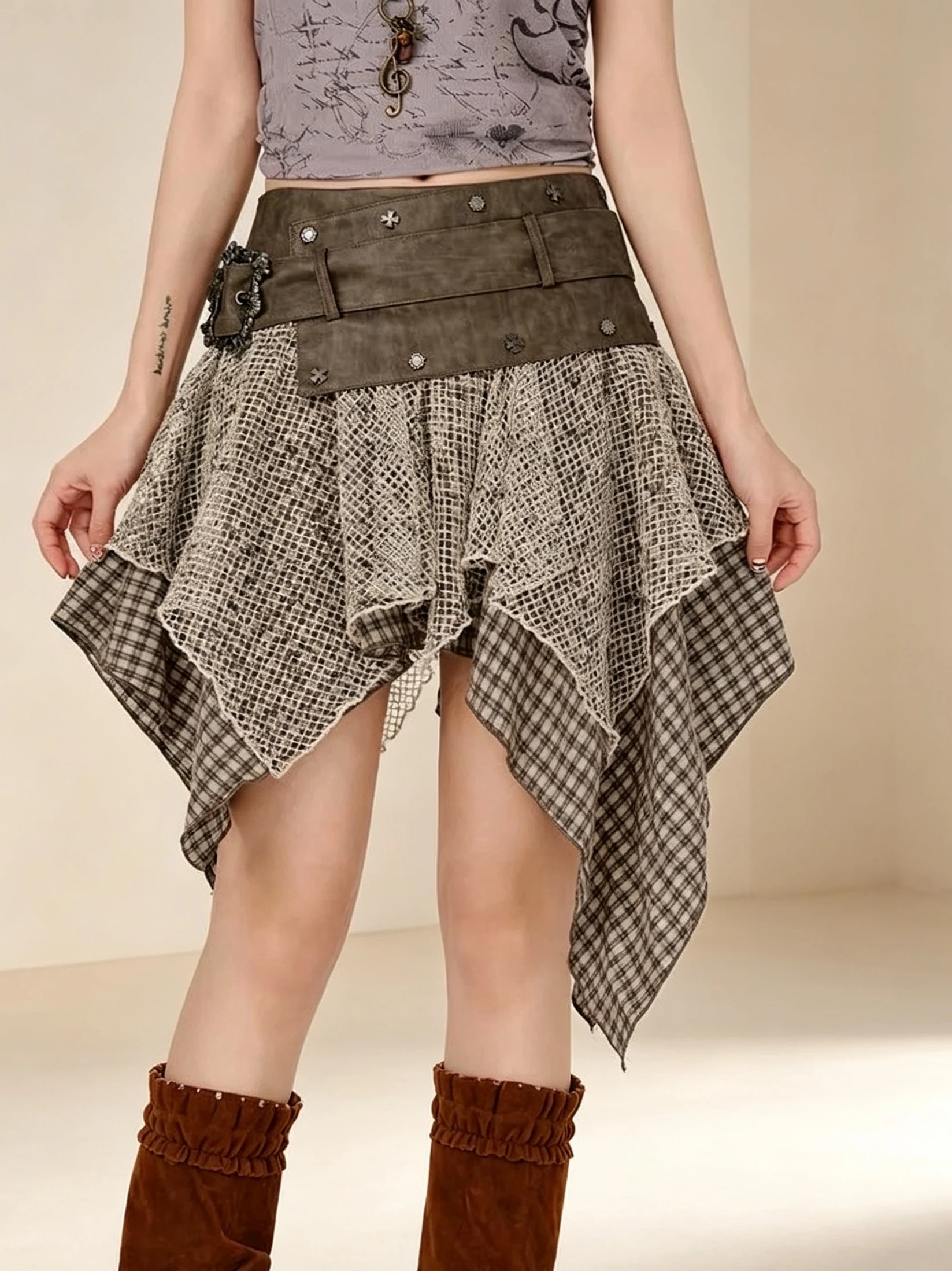 American Retro Spliced Color Block Irregular Loose  Skirt for Women Early Autumn New Design Sense Spicy Girl Skirt