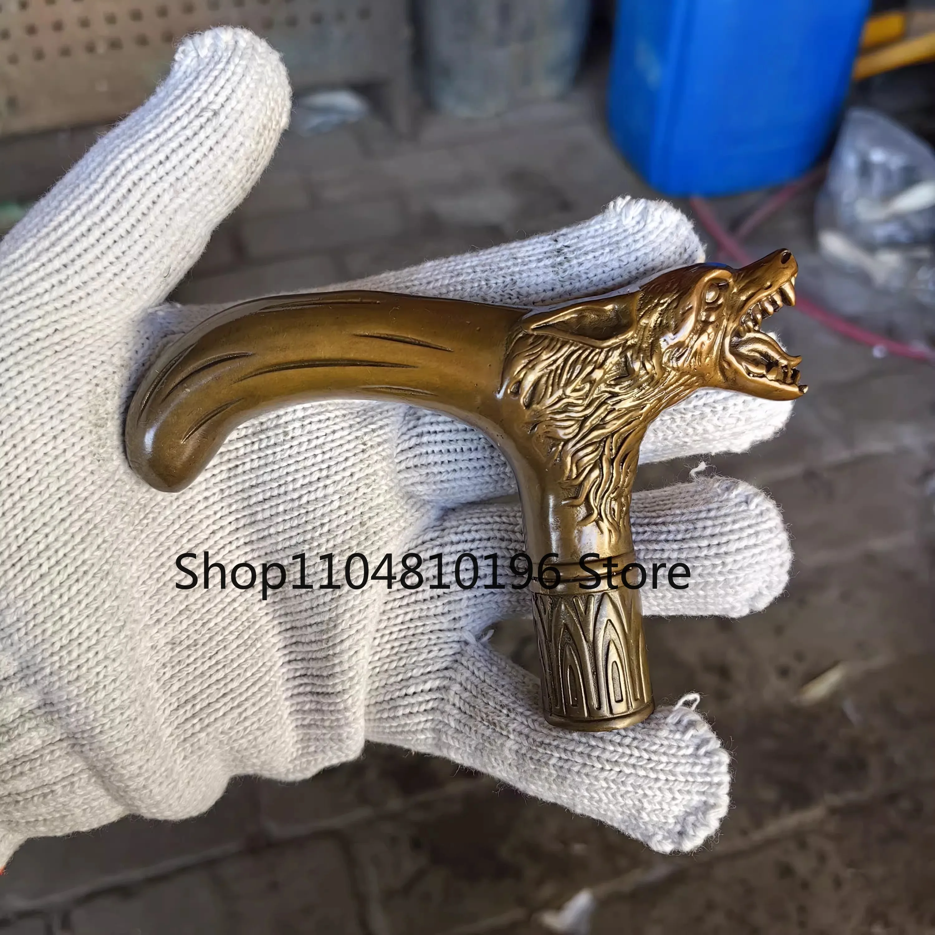 Chinese Old Bronze Hand Carved Wolf Statues Antique Cane Walking Stick Head