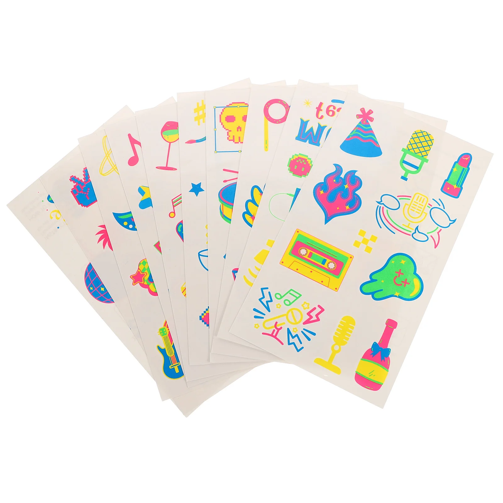 

10 Pcs Music Festival Tattoo Stickers Funny 1980's Theme Party Disco Glow in Dark 90 Styles Birthday Favor Luminous Guitar Gift