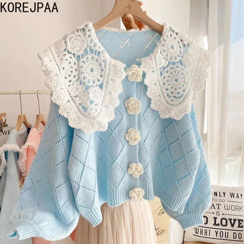 Korejpaa 2024 Lace Peter Pan Collar Sweater Cardigans Women Spring Sweet Knitted Sweaters Outwear Korean Fashion Gentle Top