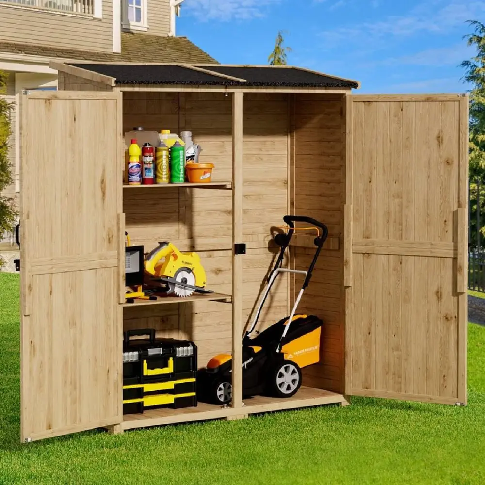 

Waterproof Roof Outdoor Storage Cabinet with Double Lockable Doors and 2 Removable Shelves, Large Wooden Garden Shed for Patio,