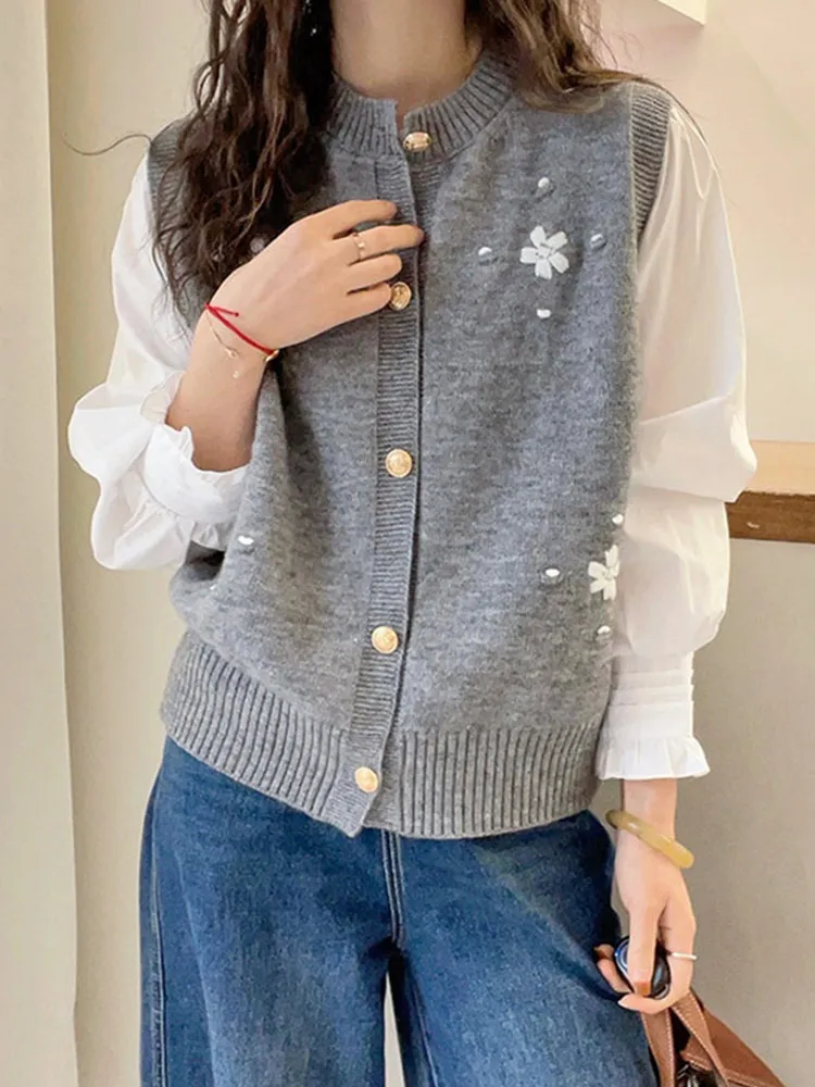 

round Ne Embroidery Design Knitted Cardigan Casual Sle Layering Top Svel Women's Faion Leisure Korean Version Vest