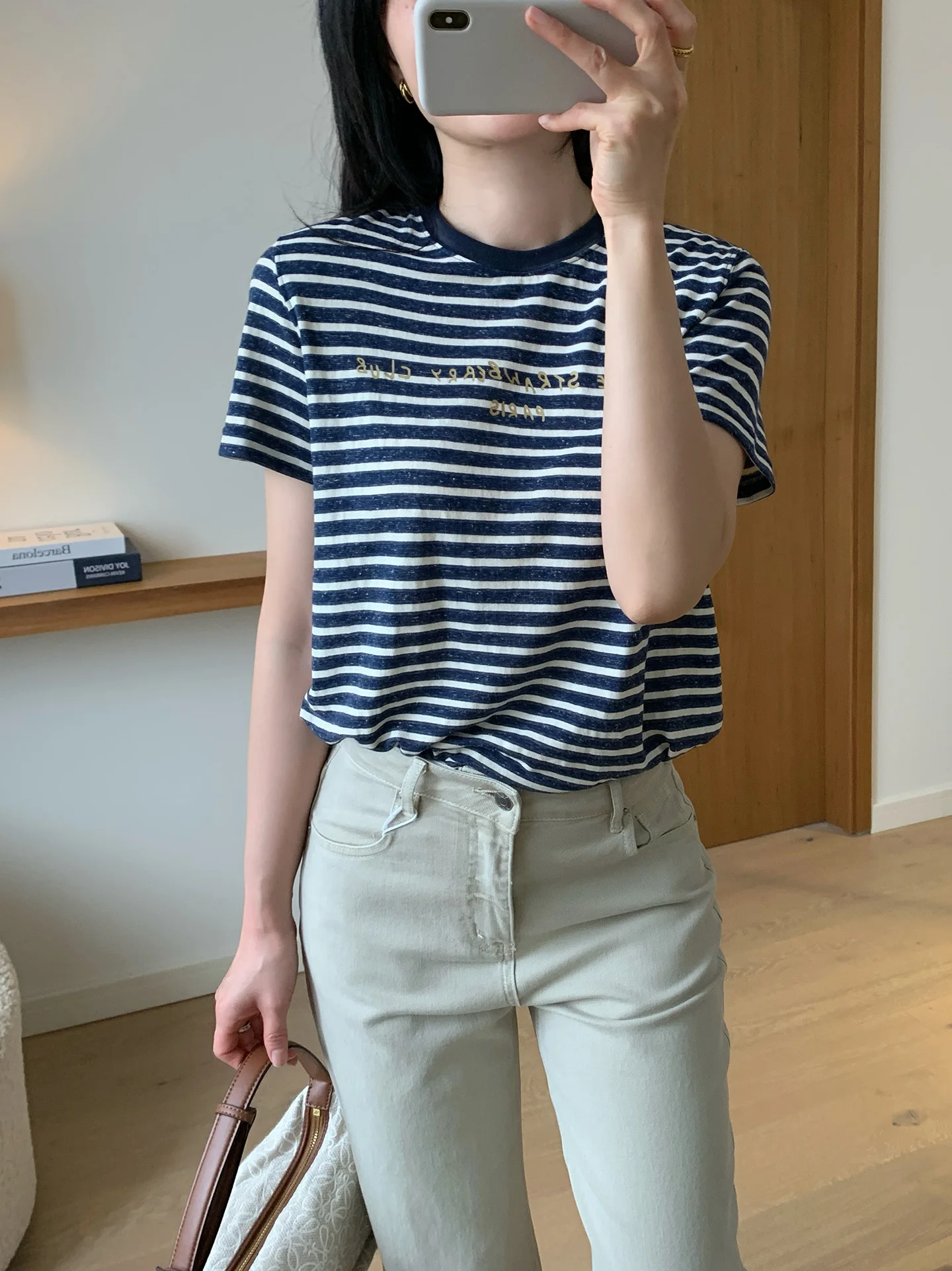 

Style Basic Cotton Linen Short Sleeve T-Shirt round Neck Letter Print Nautical Stripe Pattern Women's Summer Top